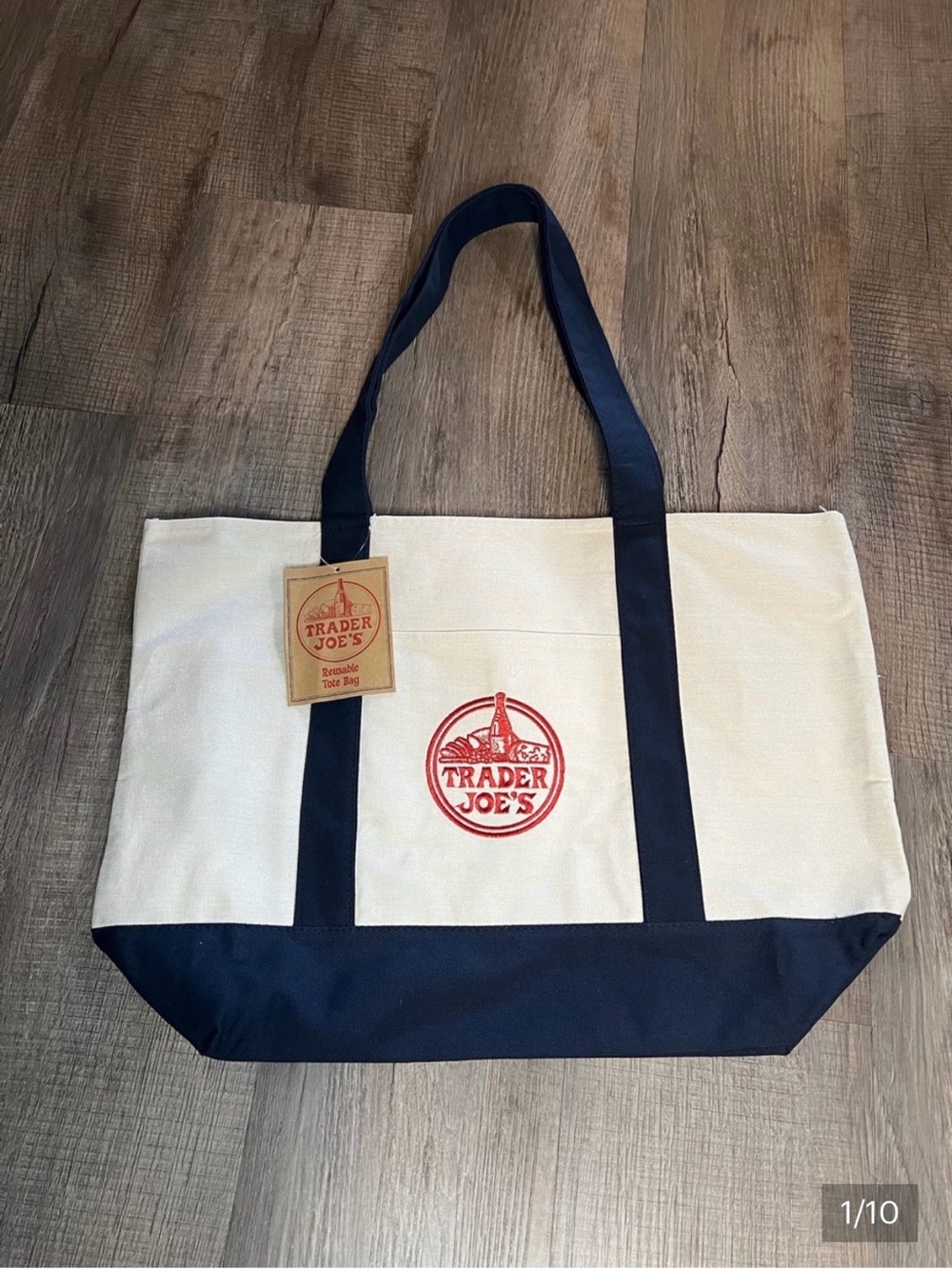 Trader Joe's Canvas Tote Bag in Cream and Navy with Red Logo